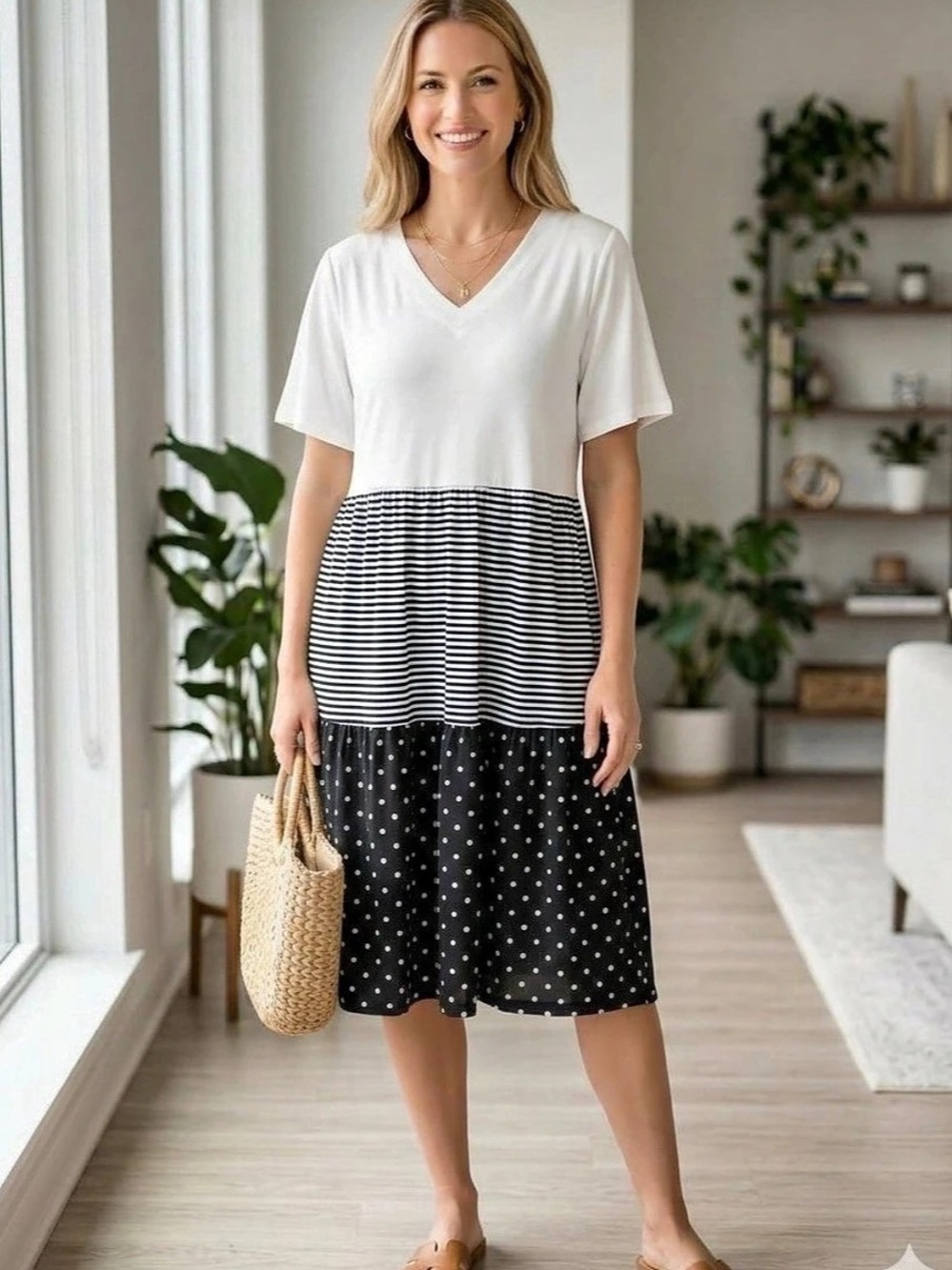 Women's Striped Tiered Midi Dress in Black & White